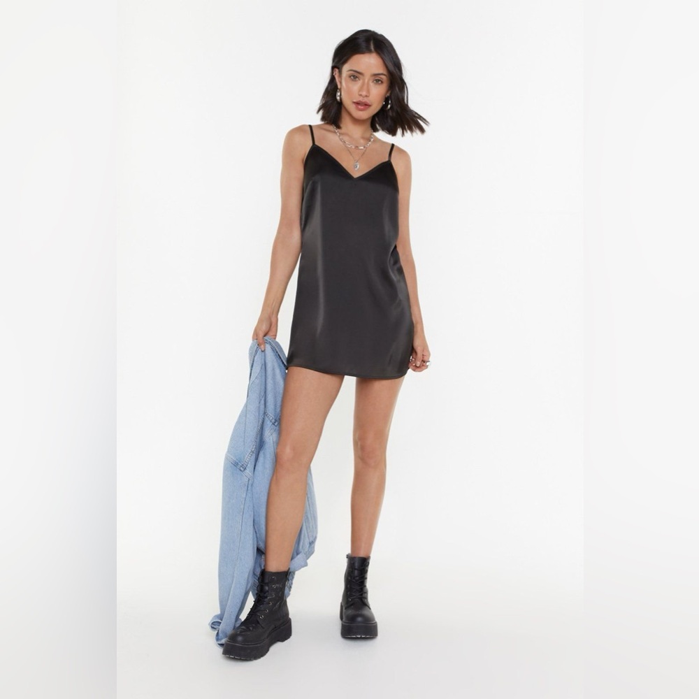 🌻HP🌻NastyGal Collection 0 Black Satin Mini Dress, V-Neck - NWOT